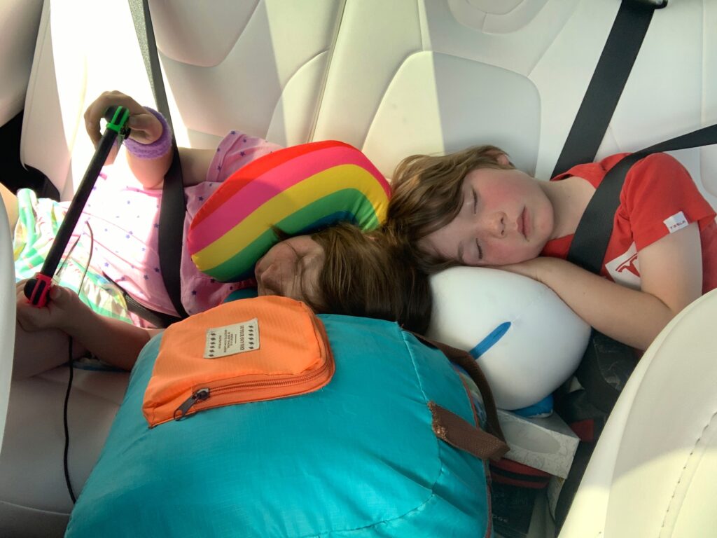 Kids in the back of a Tesla on a road trip