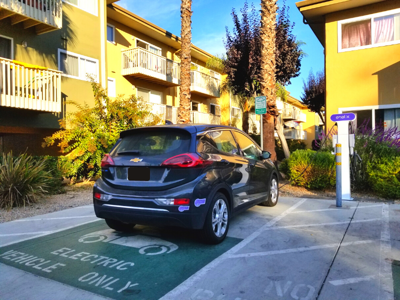 A CHEVY BOLT CHARGES AT THE PARK PLAZA APARTMENTS IN MOUNTAIN VIEW, CA.