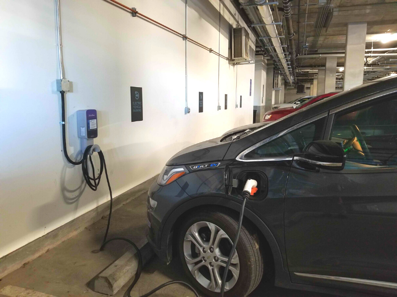 A LEVEL 2 EV CHARGER IN THE PARKING GARAGE AT REVERE APARTMENTS IN CAMPBELL, CA.