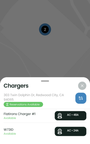 Location view of EV chargers in the EVmatch EV charging app