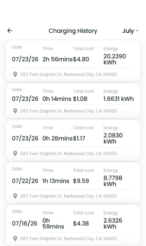 EV charging history in the EVmatch EV charging app