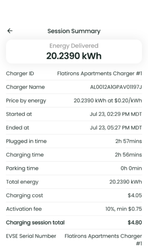 EV charging session summary in the EVmatch EV charging app