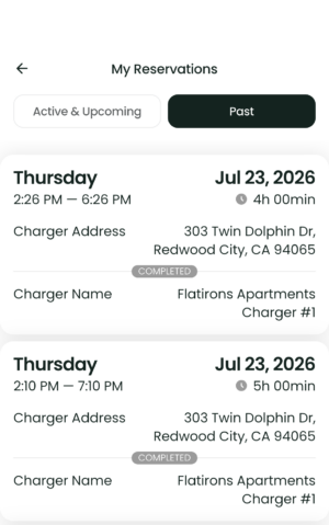 List of EV charging reservations in the EVmatch EV charging app