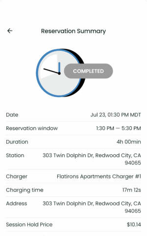 EV charging reservation summary in the EVmatch EV charging app