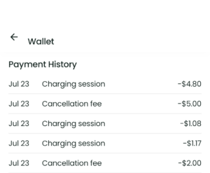 Payment history in the EVmatch EV charging app
