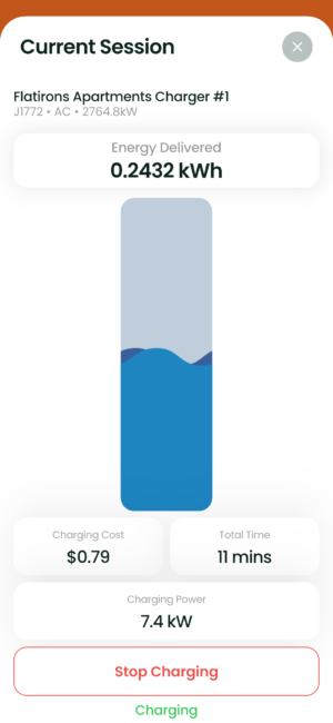 Real-time EV charging session data including energy delivered, charging cost, and power in the EVmatch EV charging app