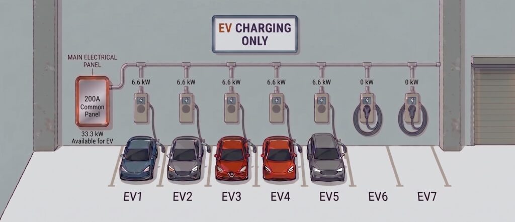 Seven EV chargers sharing a 200A electrical panel with EVmatch’s dynamic load balancing software